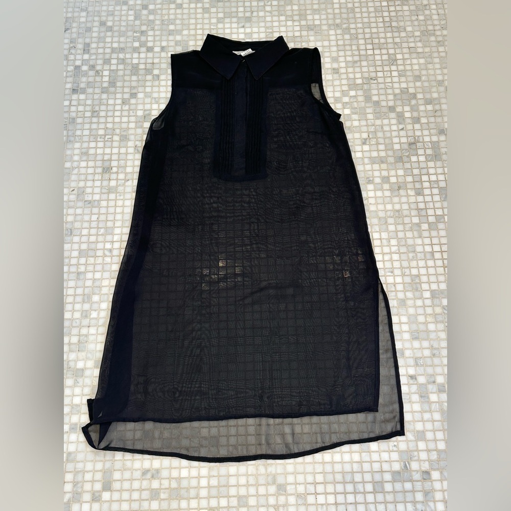 Black Sleeveless Sheer Long Shirt with Collar - Picture 1 of 5